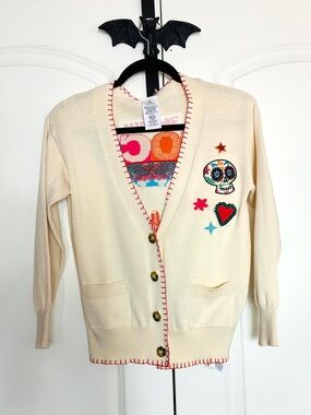 Disney Coco cream Embroidered Skull & Heart Cardigan Sweater NWOT kids 9-10